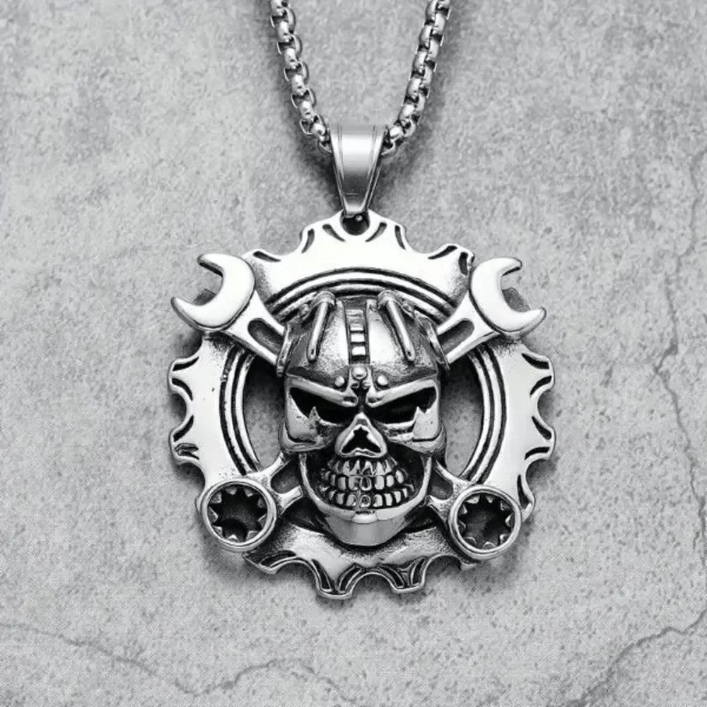 Skull Head on Wrench and Gear Stainless Steel Pendant Necklace